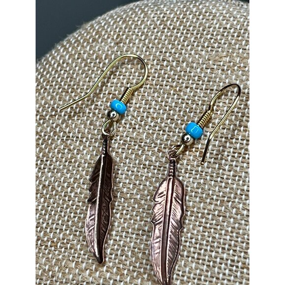 Copper Feather Dangle Earrings With Turquoise Bead Accent - Picture 7 of 7